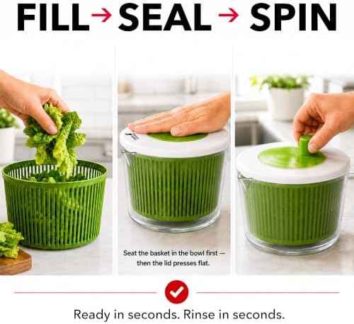 Cooler Kitchen Small Salad Spinner — Mini Lettuce Spinner and Dryer with Measuring Cup Bowl — Compact Veggie & Fruit Washer, Salad Dryer Spinner — Dishwasher Safe, BPA-Free