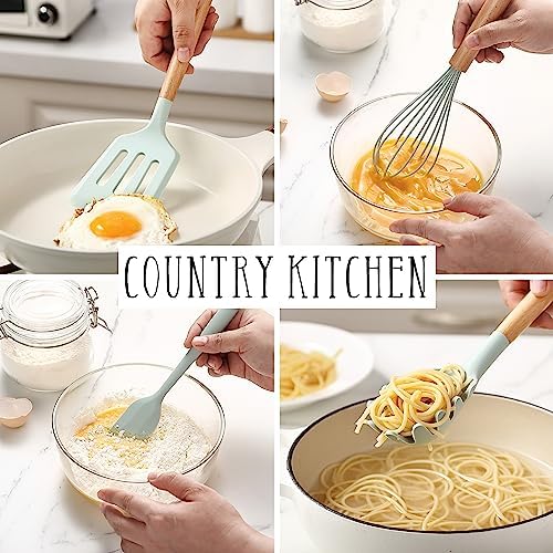 Country Kitchen Non Stick Silicone Utensil Set with Rounded Wood