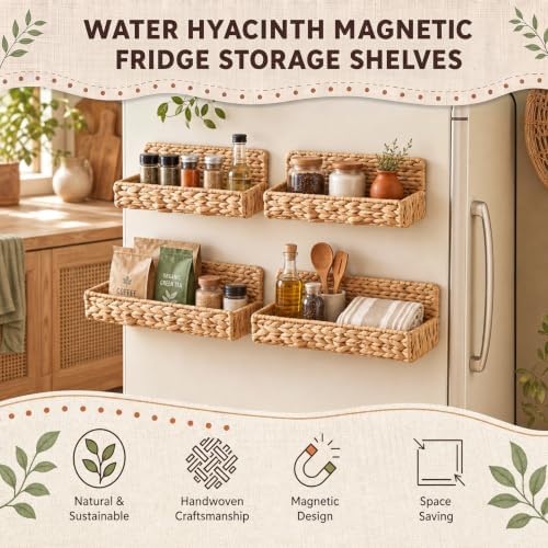 4 Pcs Magnetic Spice Rack for Refrigerator, Water Hyacinth