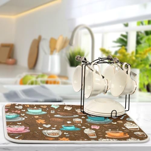 OTVEE Coffee Treat Art Dish Drying Mat for Kitchen Counter Absorbent