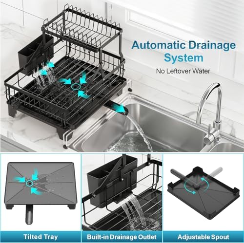 GSlife Large 2 Tier Dish Drying Rack - Expandable Over Sink & Counter