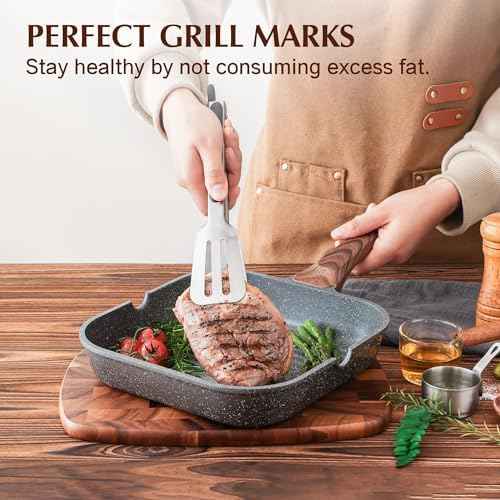 SENSARTE Nonstick Grill Pan with Lid, Grill Pan for Stove Tops, Versatile Griddle with Pour Spouts, Square Big Cooking Surface, Durable Skillet Indoor & Outdoor Grilling. PFOA Free, 9.5 Inch