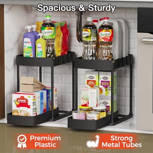 2 Packs Under Sink Pull-Out Storage Organizers, 12.8 Inches, Black