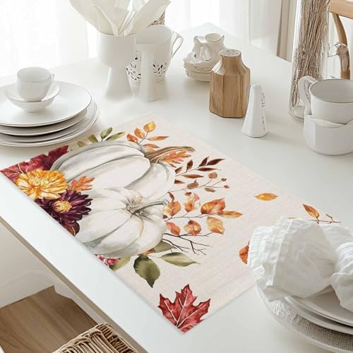 Pumpkin Maple Leaf Fall Placemats Set of 6, Cotton Linen Thanksgiving