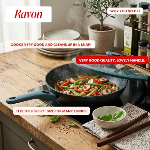 Ravon Nonstick Wok Pan with Glass Lid and Detachable Handle, 12.4in
