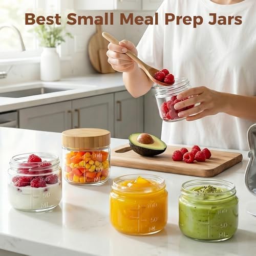 3 oz Small Glass Salad Dressing Containers with Bamboo Lids, 4 Pack