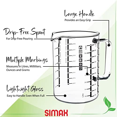 Simax Glass Measuring Cup in Grams, Ml, Oz - Borosilicate 32 Oz Liquid