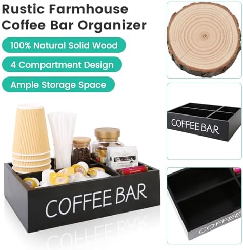 Coffee Bar Organizer, Wooden Coffee Station with 4 Compartments