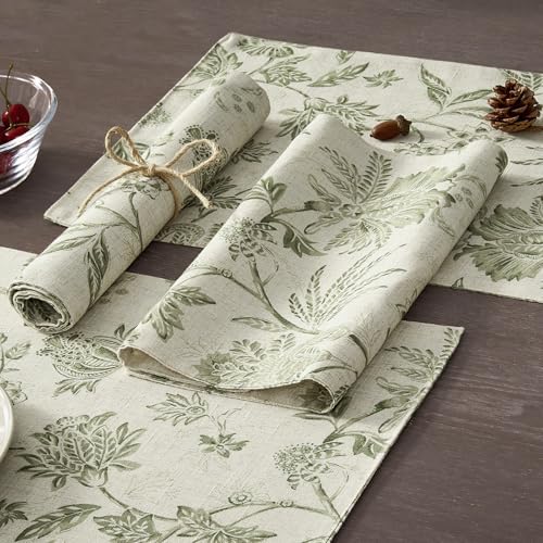 JINCHAN Sliva Linen Floral Placemats Set of 4 Farmhouse 13x19 Sage
