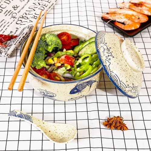 Ceramic Ramen Bowl Set, 800ml, with Lid, Spoon and Chopsticks