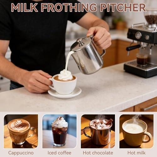 Stainless Steel Pitcher with Lid, 600ml Stainless Steel Milk Frothing
