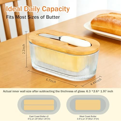 Glass Butter Dish With Lid For Countertop, Ribbed Glass Butter Dish