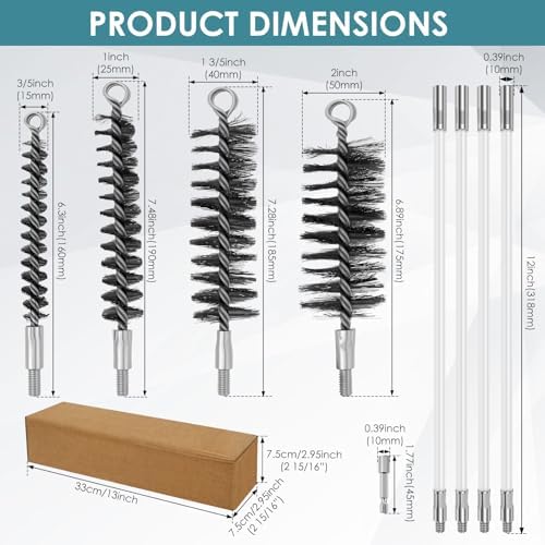 50in Pipe Cleaning Brush Set w Stainless Steel Bristles, 9Pcs