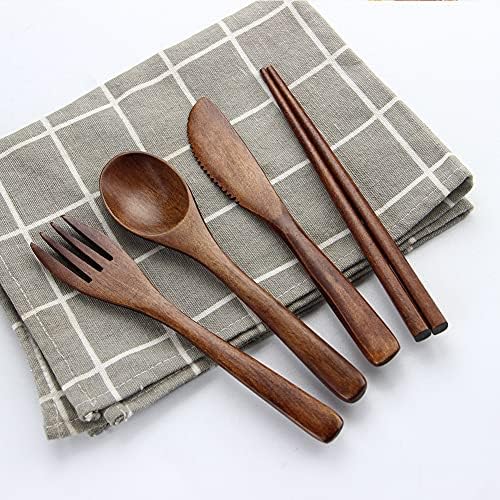 Portable Wooden Cutlery Set for Travel and Camping - 4 Piece Set With