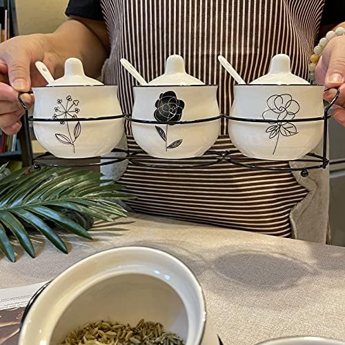 Ceramic Spice & Sugar Jar Set, 3 Pcs with Lids & Spoons 230 ml