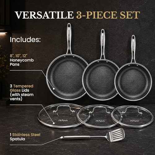 8/10/12" Honeycomb Stainless Steel Nonstick Pan Set, Lids & Spatula