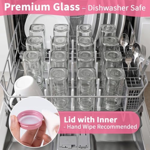 FavorFlavor 24pcs 4oz Glass Spice Jars with Labels & Pink Lids for