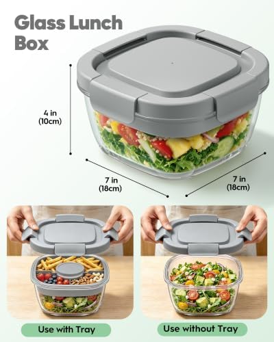 BiuLeon 2 Pack Glass Salad Lunch Container,56oz Salad Bowl To Go for
