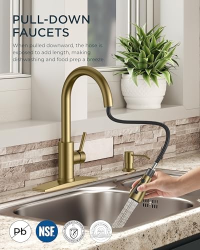 FORIOUS Kitchen Faucet with Soap Dispenser, Pull Down Sprayer, Brushed