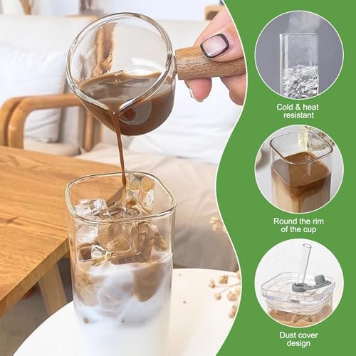 Square Glass Cups with Lids and Straws, 4Pcs Temperature Resistant