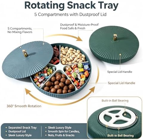 360° Rotating Snack Box with Lid, Divided Snack Tray Large Round