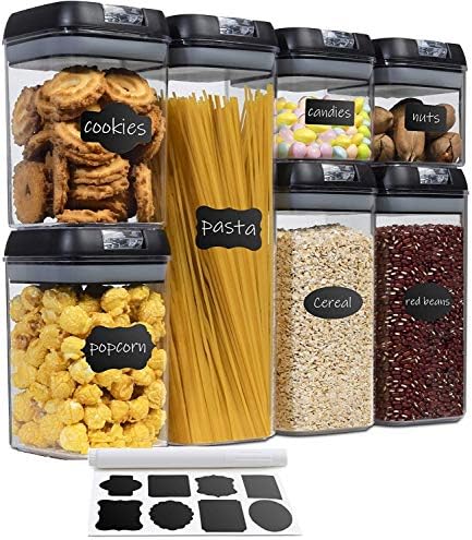 Set of 7 Airtight Food Storage Containers - Pantry Organizer Bins, BPA Free Plastic Containers plus Dry Erase Marker and Labels, Black
