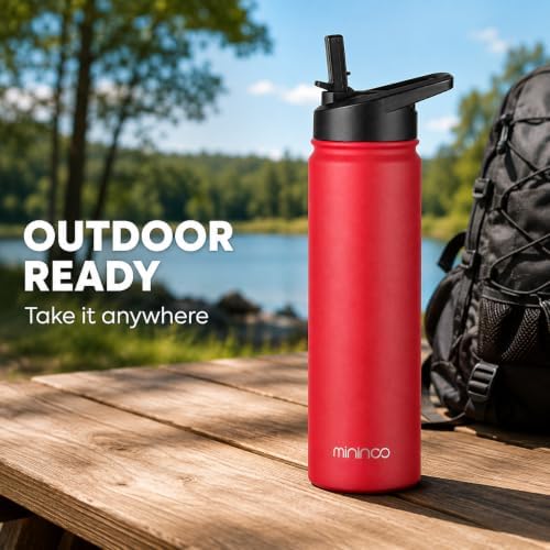 mininoo 24 oz Insulated Water Bottle with Straw Lid, Stainless Steel