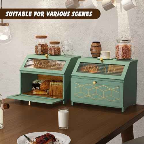 HOLTICO Double Layer Bread Box with Golden Trim for Kitchen Countertop