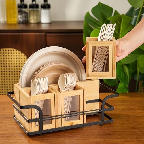 Bamboo Silverware Caddy with Paper Plate Holder