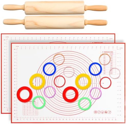 Qinyoung 20 Pcs Rolling Pin Set, 2 Wood Rollers 16 Rings Silicone Mats