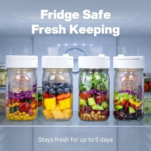 32oz Glass Salad Jars 4 pc, Meal Prep Containers with Handle 3 Divider