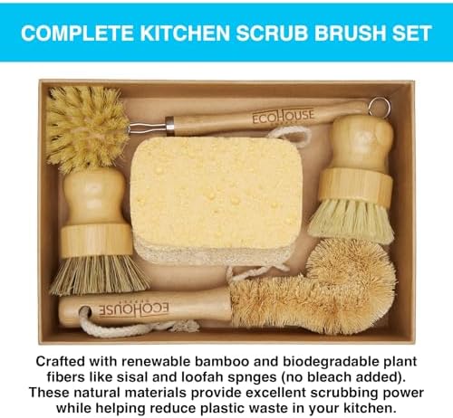 ECOHOUSE SUPPLYTM Bamboo Dish Brush Set – 6-Piece Natural Fiber