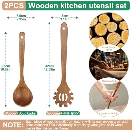 2-Piece Soup Ladle Pasta Spoon Set, Wooden Ladles for Cooking