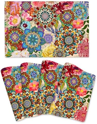 Boho Floral Placemats Set of 4, Colorful Dining Table Mats 12"x18"