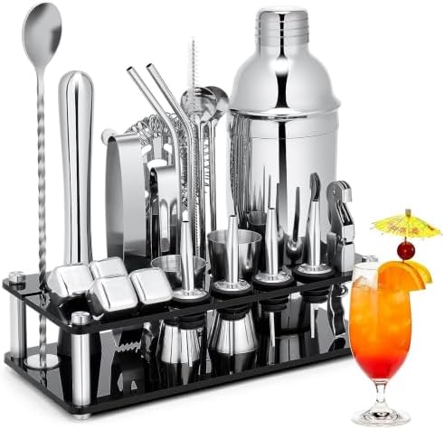 KINGROW Cocktail Shaker Set, 23 Piece Bartender Kit with Stand 25oz