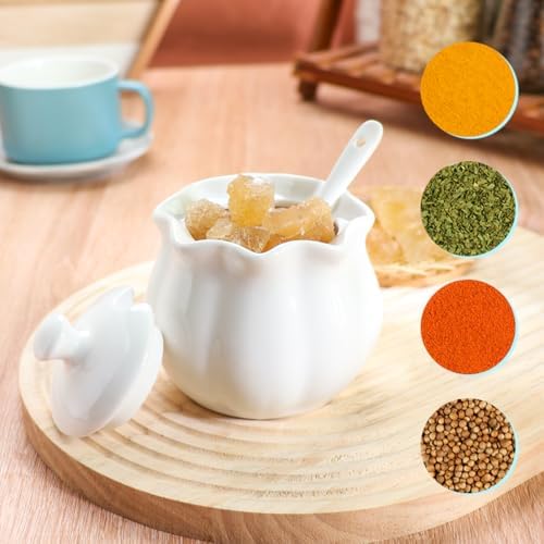 Ceramic Sugar Bowl with Lid and Spoon, Flower-Shaped Porcelain Salt