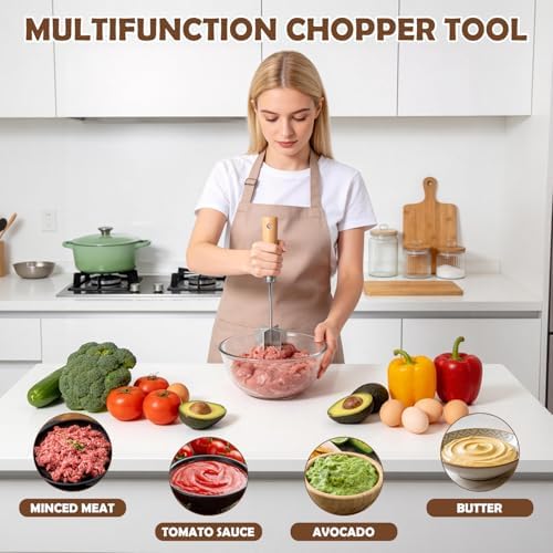 304 Stainless Steel Meat Chopper, 6-Blade Ground Beef Masher &