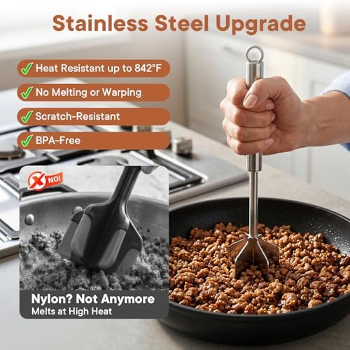304 Stainless Steel Meat Chopper & Masher, All Stainless Steel 6-Blade