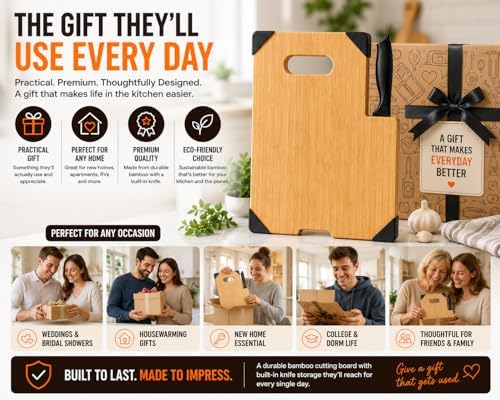 Bamboo Cutting Board with Knife Set, 13.4 x 9.4 Inch Wooden Chopping
