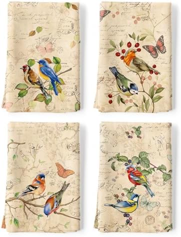 Vintage Birds Tea Towels Set of 4, 100% Cotton, 18.9 x 27.5 Inch