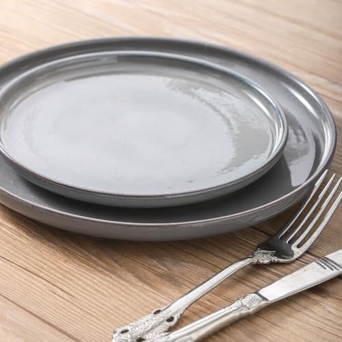 8 Inch Ceramic Dinner Plates Set of 4, Dark Gray, High Edges