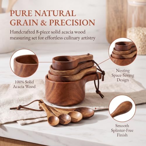 Acacia Wood Measuring Cups and Spoons Set, 8 Piece Handcrafted Wooden