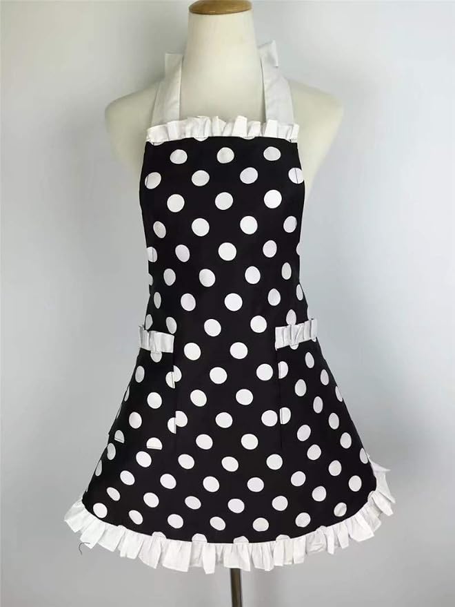 Hyzrz Cute Apron Retro Black Polka Dot Retro Ruffle Side Vintage Cooking Aprons - Image 4