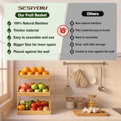 3 Tier Fruit Basket - Bamboo Fruit Bowl for Kitchen Counter, Large Tiered Storage for Bread Snacks Veggies, Durable & Easy to Assemble Stand for Countertop Organizer