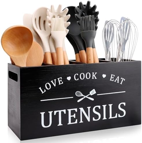 Black Extra Large Wood Cooking Utensil Holder Kitchen Spatula Spoon