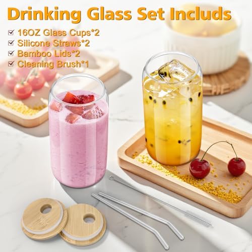 Glass Cups with Lids and Straws - 16 oz Glass Drinking Cups Set for