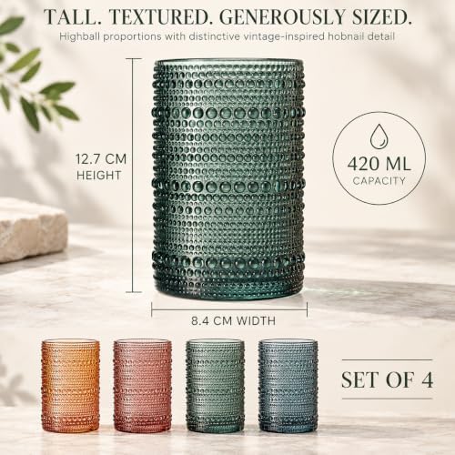 Khen Hobnail Beaded Highball Drinking Tumbler Glasses | Set of 4