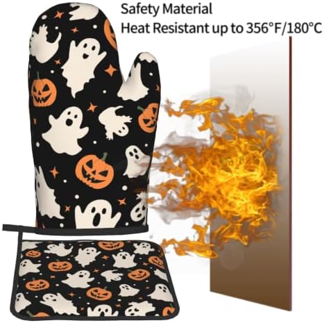 Halloween Pumpkin Ghost Oven Mitt and Pot Holder Set, 2 Pack