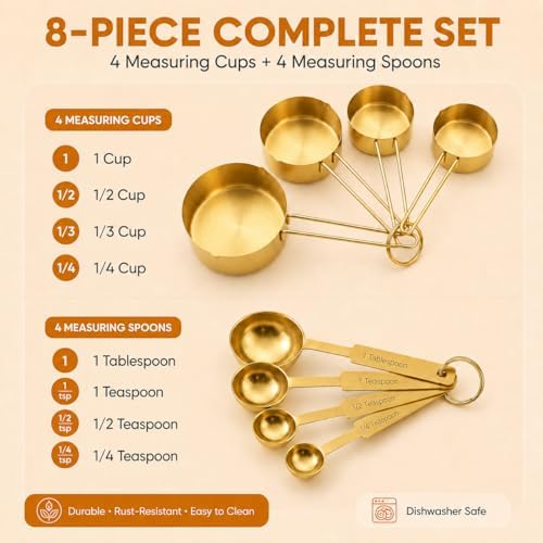 Gold Measuring Cups and Spoons Set, 8 Piece Stainless Steel Measuring