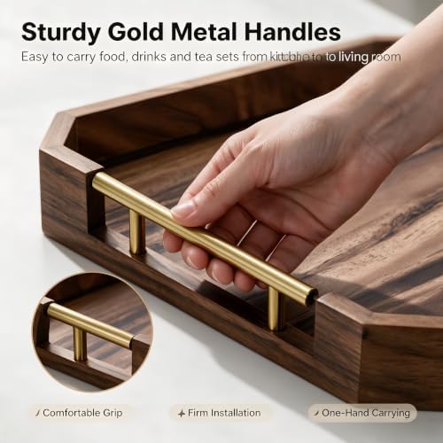 Wooden Serving Tray with Metal Handles, Acacia Wood Rectangular